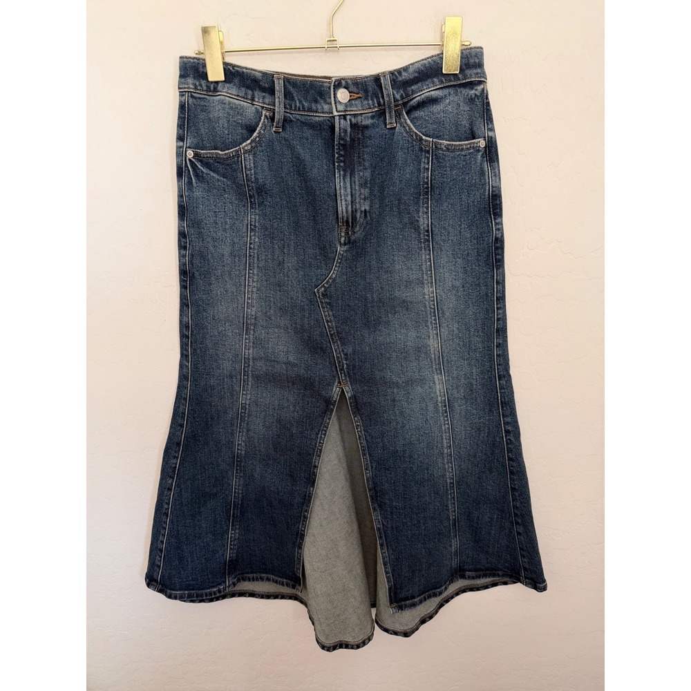 Express Womens High Rise Denim Midi Skirt Dark Wash Flounce Hem Size 6 Western
